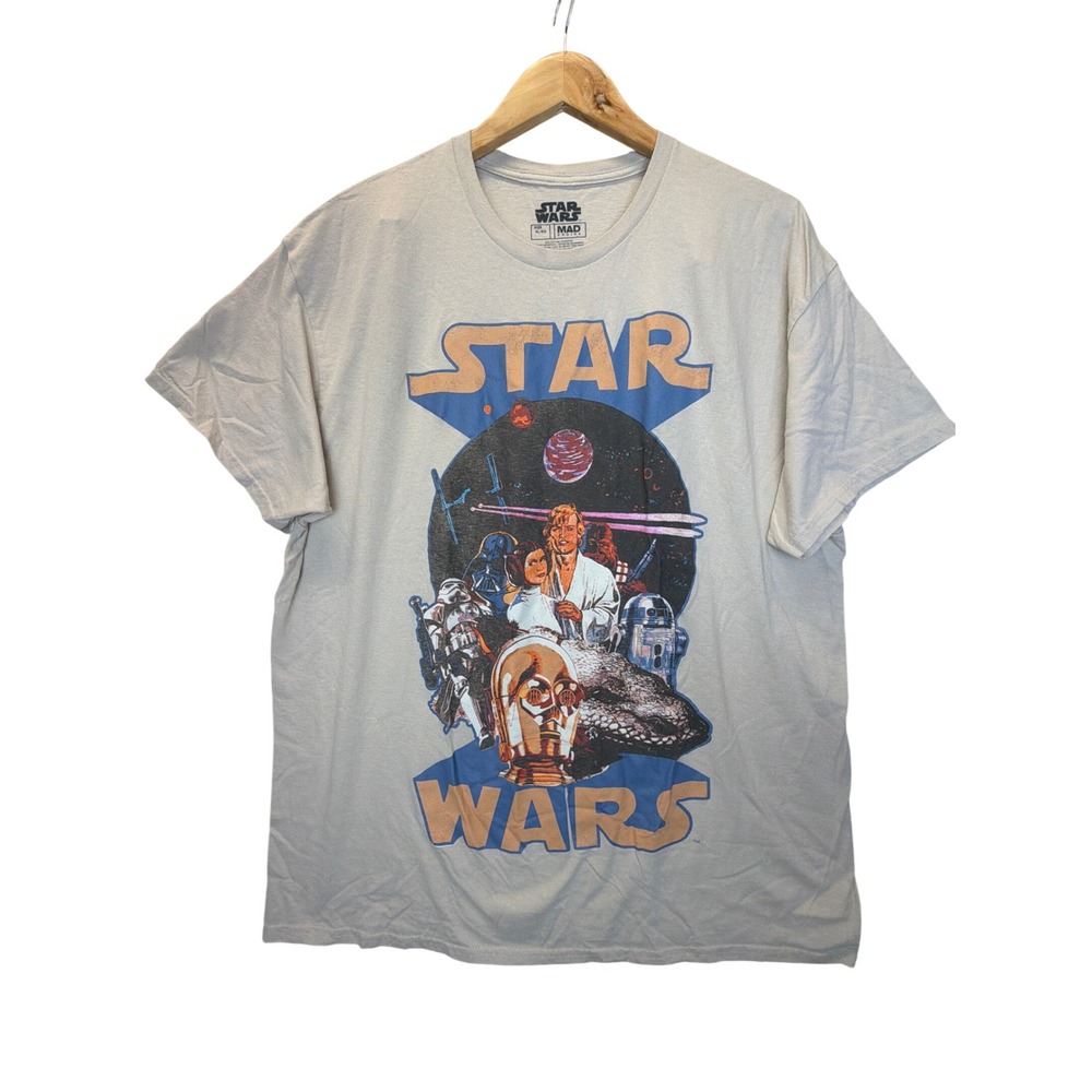Star Wars Mad Engine Mens XL Graphic T-Shirt Tan Retro Luke Leia Darth Vader Tee